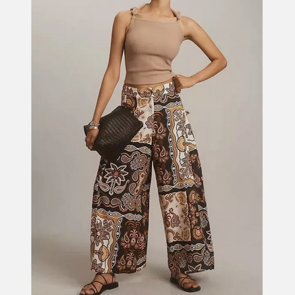 Farm Rio Anthropologie Printed Wide-Leg Pants Size M Brown Black MEDIUM New